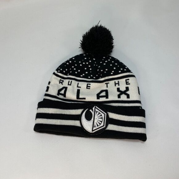 Star Wars Rule The Galaxy Black White Knit Beanie Cap Hat Patch Pom Pom Lined - Picture 11 of 15